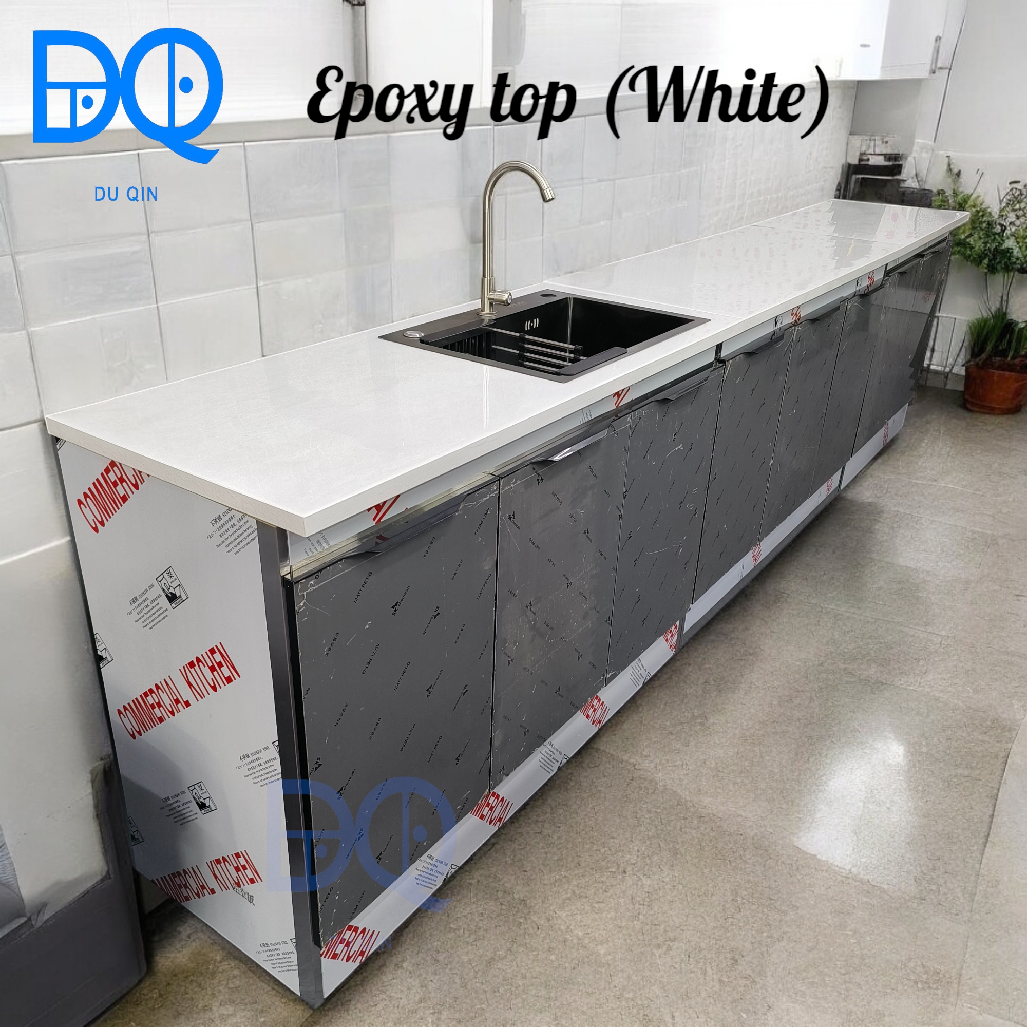Du Qin Kitchen Cabinet Epoxy Top Stainless Steel Based Cabinet